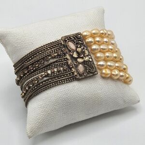 VINTAGE Champagne Freshwater Pearl Pink Rhinestone Chain Stretch Bracelet